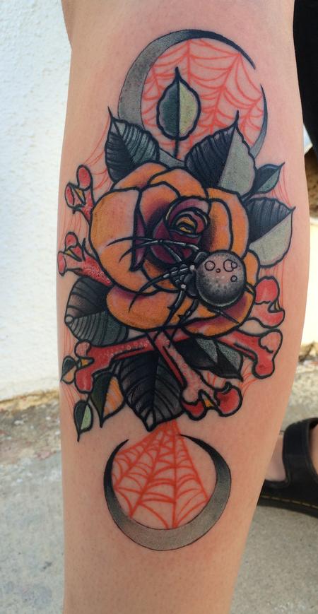 Mike Riedl - traditional color rose with spider and bones tattoo, Art Junkies tattoo Mike Riedl